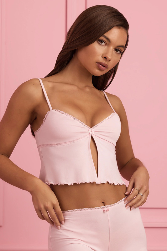 Lace-Trim Babydoll Pyjama Top in Baby Pink - Size:L